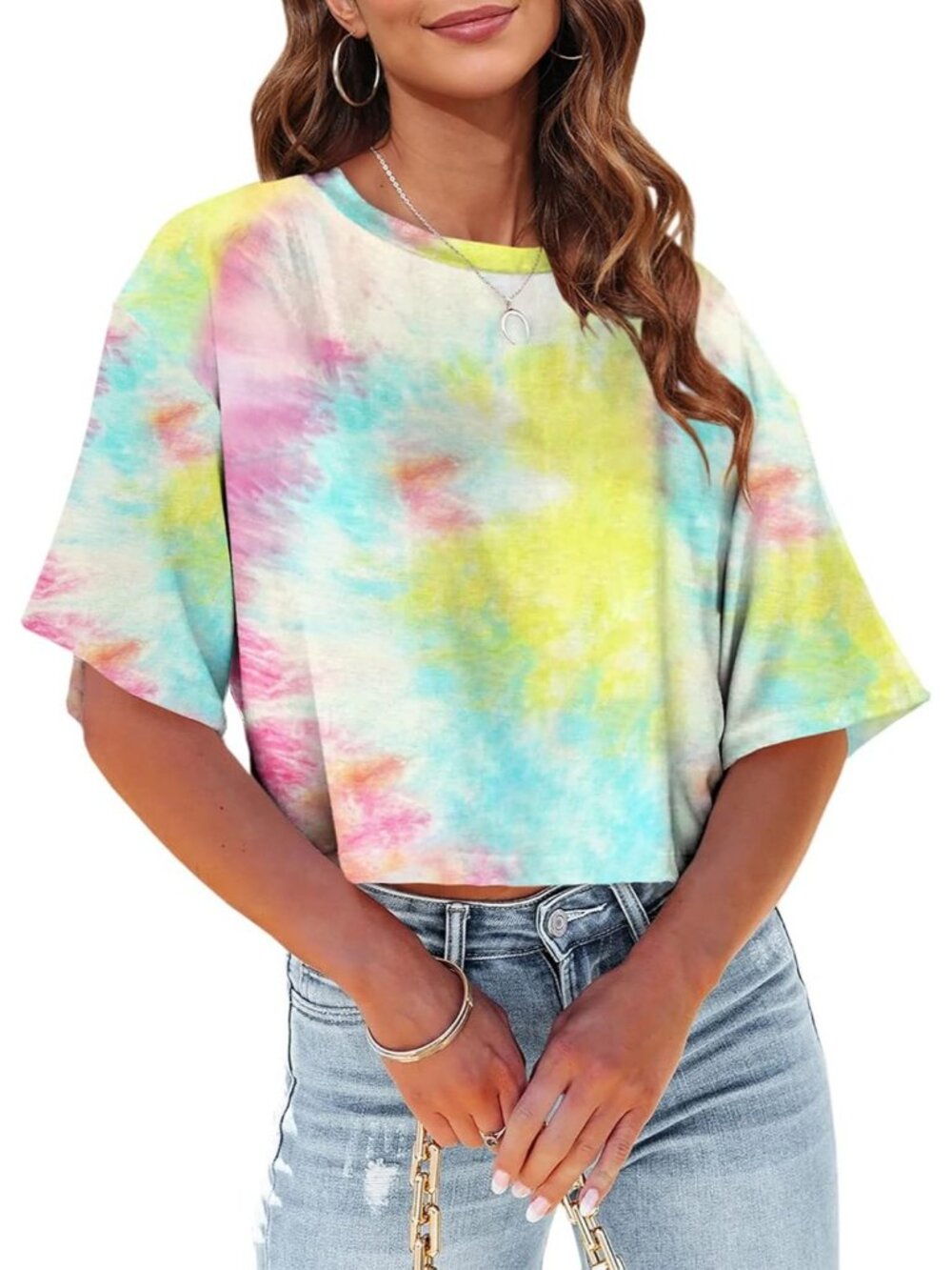 Women's Sky Blue Crew Neck Half Sleeves Loose Fit Casual Pull On Basic Tee Shirt